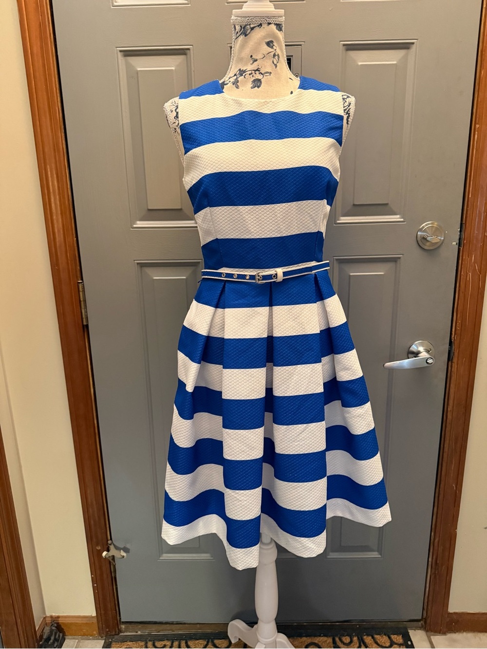 Blue & White wide stripe fit and flare summer dress (4)- belted with pockets!